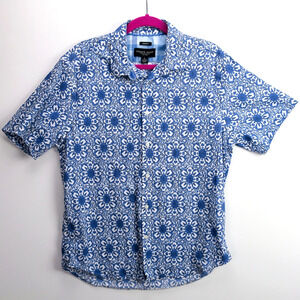 Linen Blend Blue Floral Print Shirt Men’s L Summer Resort Casual | Pronto Uomo